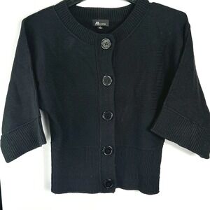 AB Studio Womens S Black Button Front‎ Knit Cardigan Sweater Cropped 3/4 Sleeve